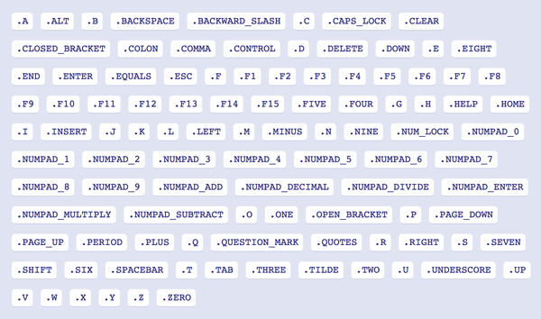 Eine vollständige Liste der in einem Spiel verfügbaren Phaser-Tastencodes.