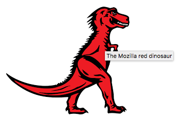 Screenshot eines roten Tyrannosaurus Rex mit dem Text "Der Mozilla Rote Dinosaurier" der als Tooltip bei Mouseover angezeigt wird.