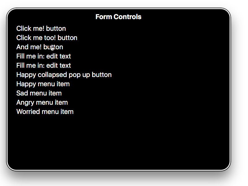 Liste von Formulareingabebeschriftungen, die von der VoiceOver-Software auf dem Mac gelistet werden. Diese Liste enthält bedeutungslose Beschriftungen wie 'happy menu button', die verschiedenen Formularelementen wie Schaltflächen, Textfelder und Links gegeben wurden