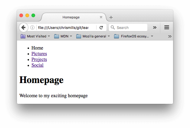Ein Beispiel für ein einfaches HTML-Navigationsmenü mit Home-, Bilder-, Projekte- und Sozial-Menüelementen