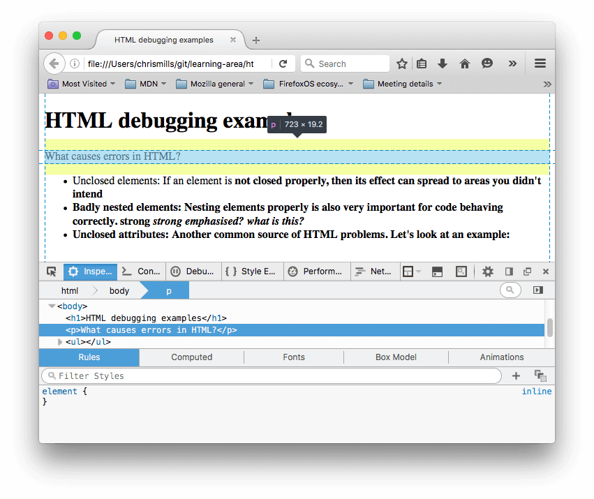 Der HTML-Inspektor in Firefox mit dem markierten Paragraphen unseres Beispiels, der den Text "What causes errors in HTML?" zeigt. Hier können Sie sehen, dass das Absatz-Element vom Browser geschlossen wurde.