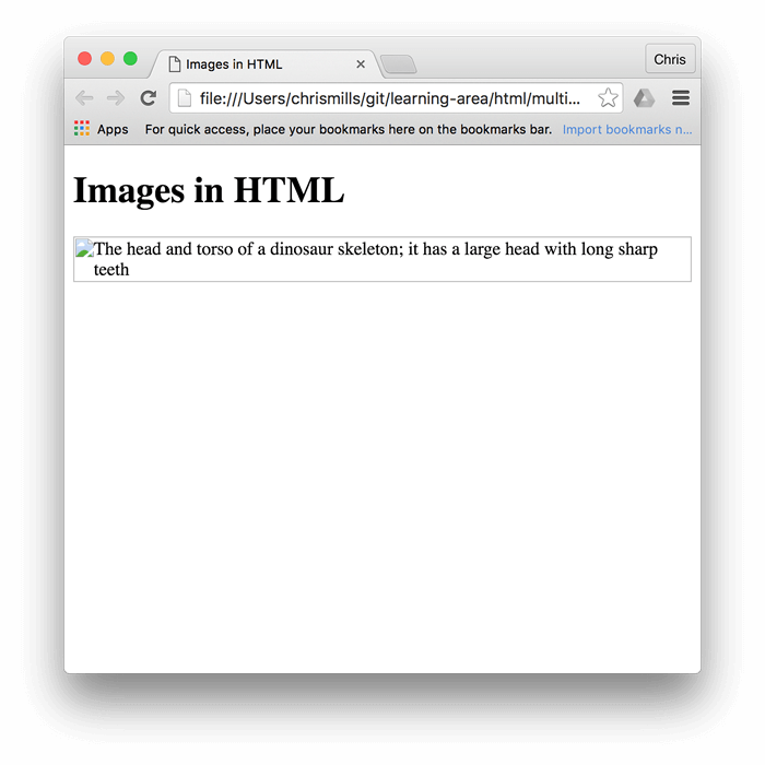 Der Titel "Bilder in HTML", aber dieses Mal wird das Dinosaurier-Bild nicht angezeigt, und stattdessen wird der Alternativtext angezeigt.