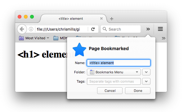 Eine Webseite wird in Firefox als Lesezeichen gesetzt. Der Lesezeichenname wurde automatisch mit dem Inhalt des 'title'-Elements ausgefüllt