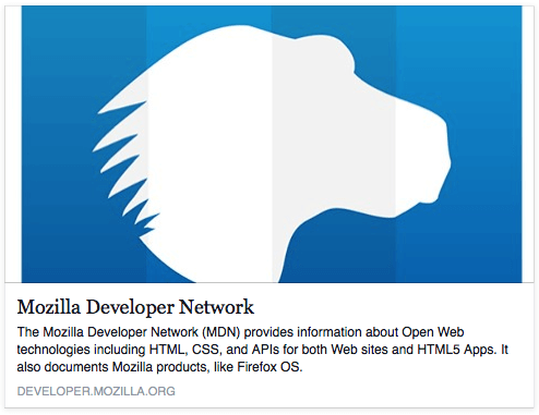 Open-Graph-Protokolldaten von der MDN-Startseite, wie sie auf Facebook angezeigt wird, mit Bild, Titel und Beschreibung.