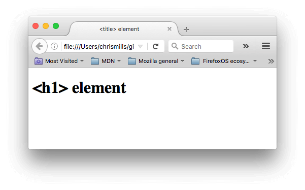 Eine Webseite mit 'title' Text im Tab des Browsers und 'h1' Text als Überschrift im Dokumentenhauptteil.