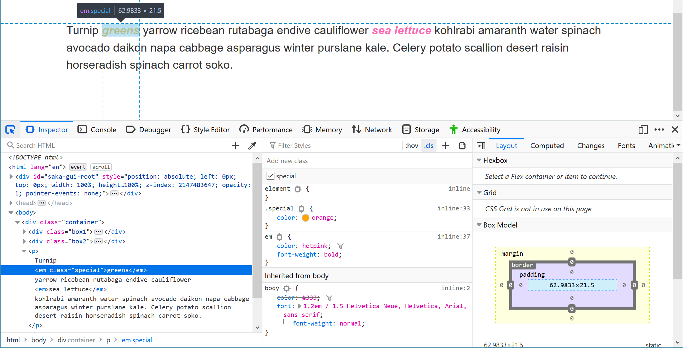 Auswählen eines em und Blick auf die DevTools, um zu sehen, was die Farbe überschreibt.