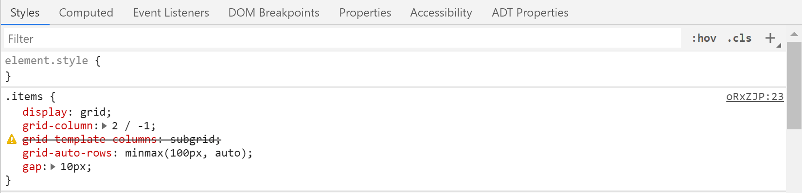 Bild der Browser-DevTools mit der grid-template-columns: subgrid durchgestrichen, da der Subgrid-Wert nicht unterstützt wird.