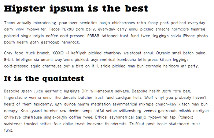 Das fertige Design einer Webfont-Übung. Die Seite hat zwei Überschriften und drei Absätze. Die Seite enthält verschiedene Schriftarten und Text in unterschiedlichen Größen.