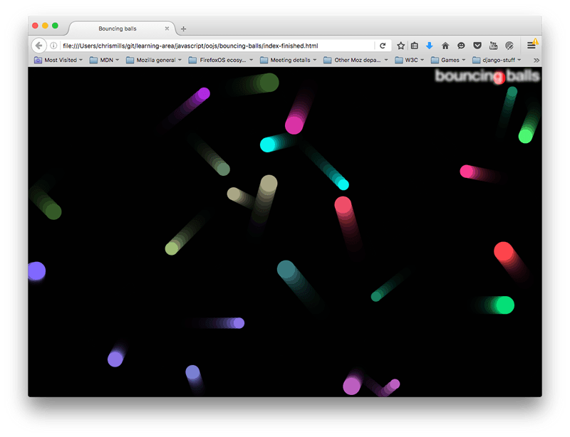 Screenshot einer Webseite mit dem Titel "Bouncing balls". 23 Kugeln in verschiedenen Pastellfarben und -größen sind auf einem schwarzen Bildschirm sichtbar, mit langen Spuren hinter ihnen, die Bewegung anzeigen.