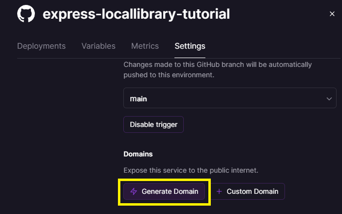 Railway-Projekteinstellungen-Tab zeigt den Button zur Domain-Generierung