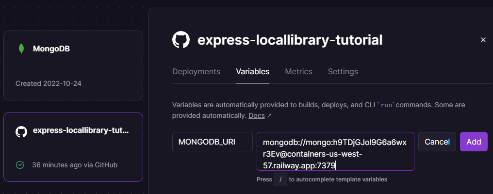 Railway-Website-Variablenscreen beim Hinzufügen der MONGODB_URI-Variable und Adresse
