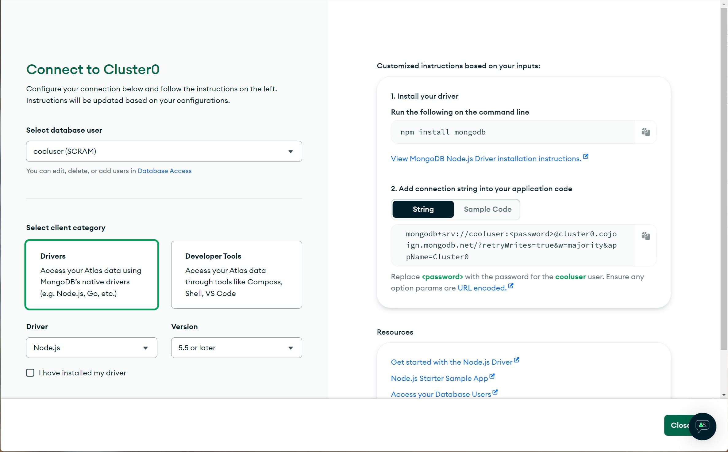 Wählen Sie die kurze SRV-Verbindung bei der Einrichtung einer Verbindung auf MongoDB Atlas aus.
