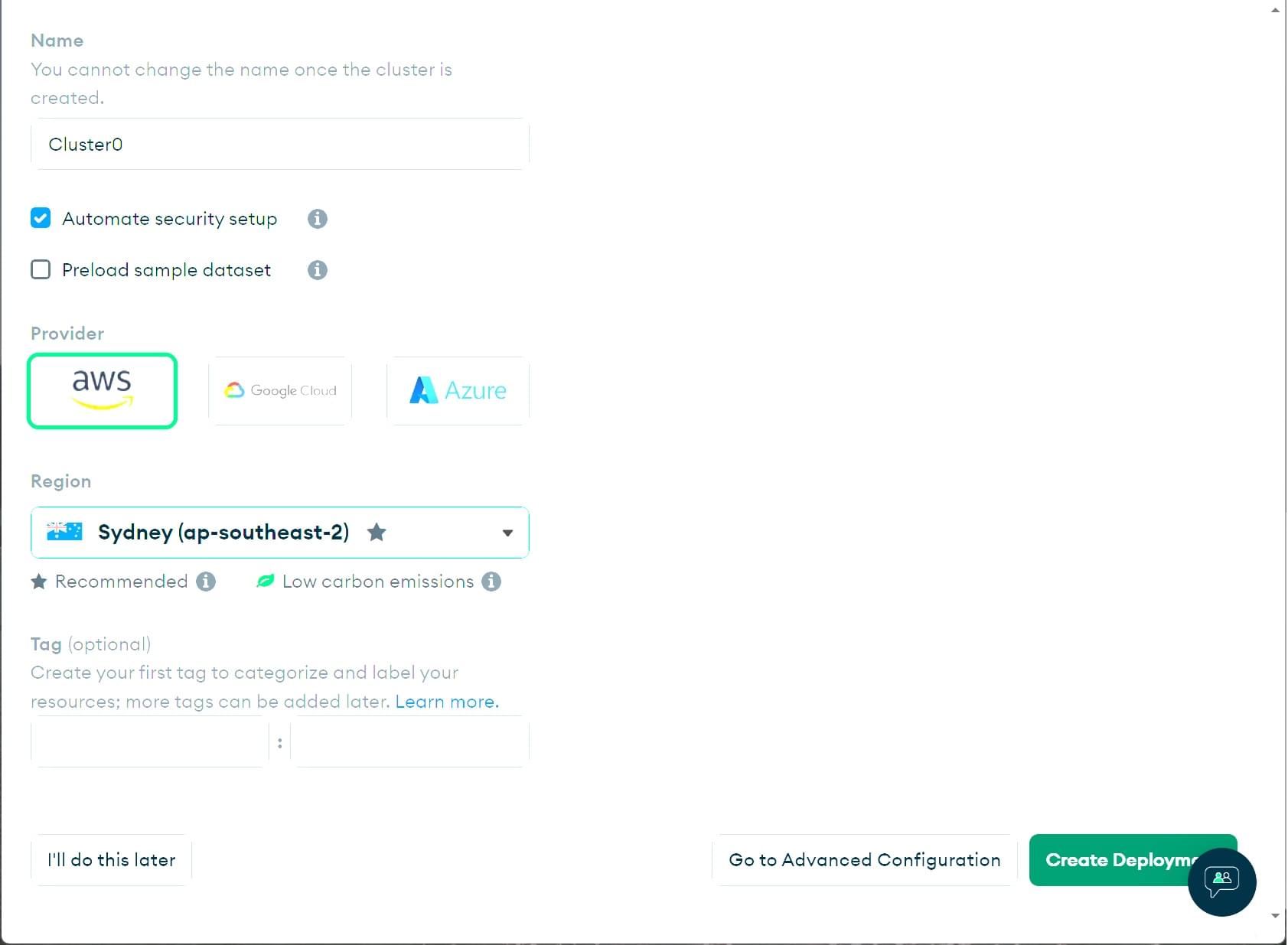 Wählen Sie einen Cloud-Anbieter auf MongoDB Atlas aus.