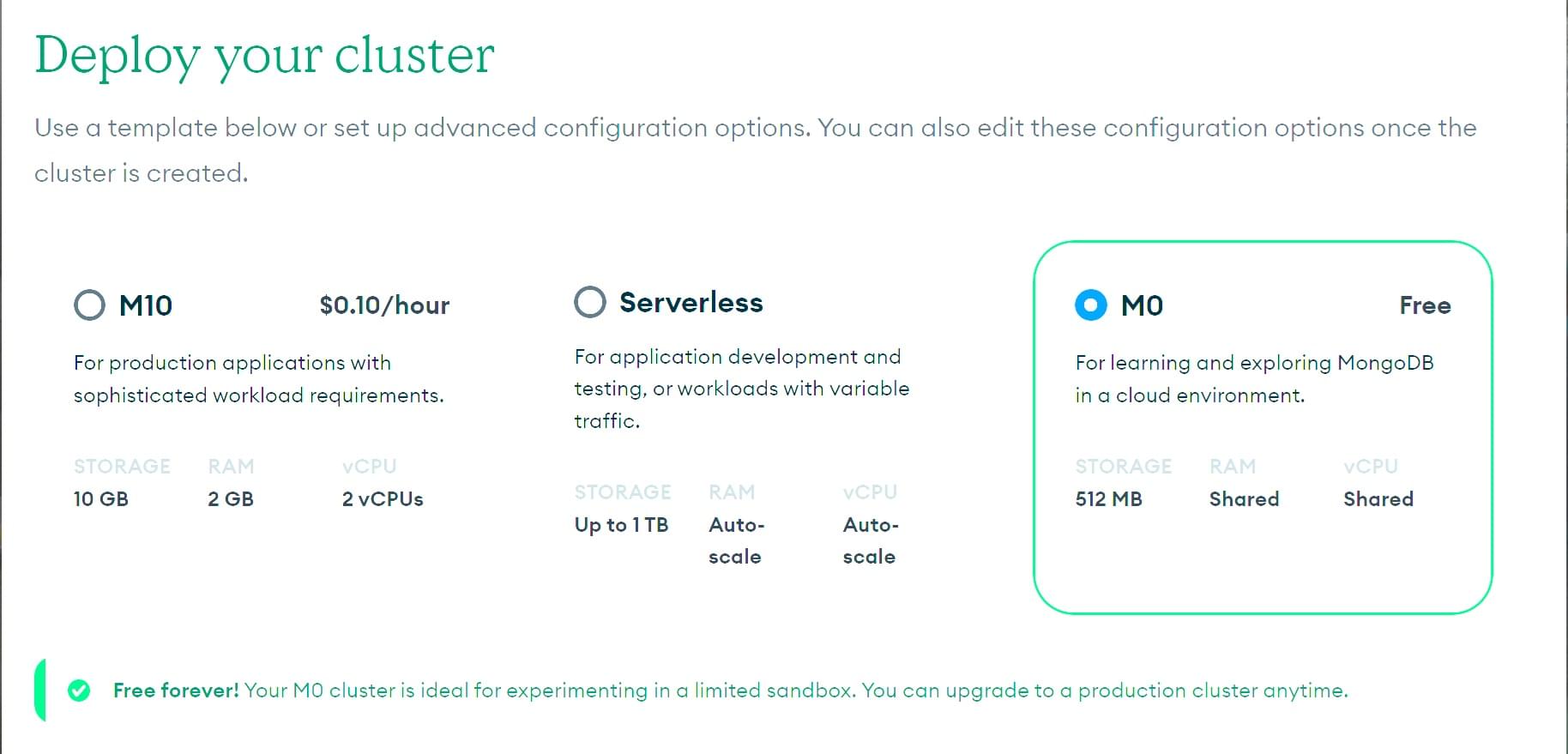 Wählen Sie eine Bereitstellungsoption auf MongoDB Atlas aus.
