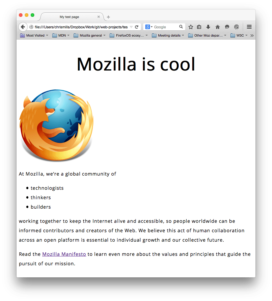 Ein Mozilla-Logo und einige Absätze. Eine serifenlose Schrift wurde gesetzt, die Schriftgrößen, die Zeilenhöhe und der Zeichenabstand wurden angepasst, und die Hauptseitenüberschrift wurde zentriert