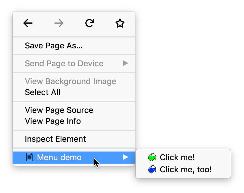 Kontextmenü mit zwei Elementen mit den Beschriftungen Please click me und Please click me too!. Die Option Please click me ist mit einem grünen Farbeimer-Icon gekennzeichnet. Die Option Please click me too ist mit einem blauen Farbeimer-Icon gekennzeichnet.