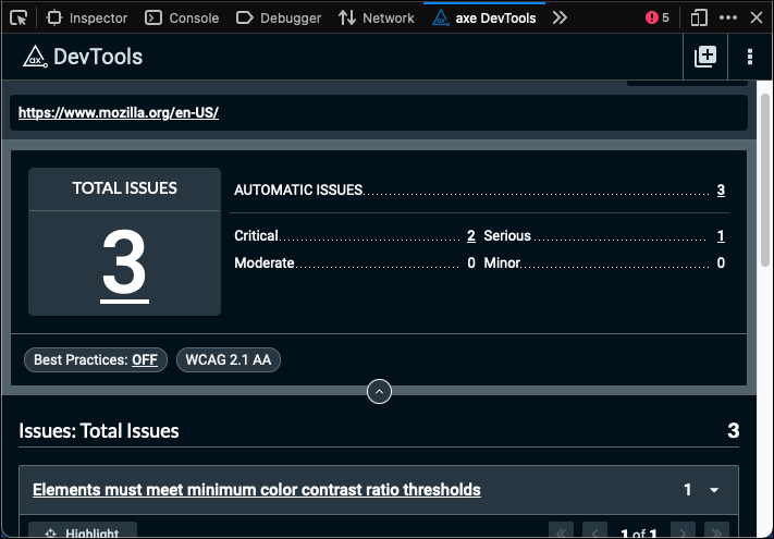 Das aXe Accessibility Testing-Addon zeigt gefundene Barrierefreiheitsprobleme in einer Webseite an.