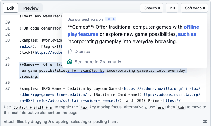 Die Grammarly-Erweiterung bietet einen Editier-Vorschlag im GitHub-Editor.