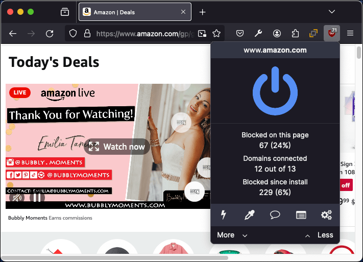 Das uBlock Origin-Popup zeigt blockierte Tracker-Statistiken an.