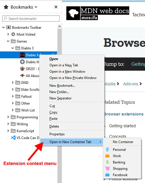 Ein Kontextmenü mit dem hervorgehobenen Untermenü "Open in new container tab". Das Untermenü zeigt persönliche, arbeitsbezogene, Bank-, Einkaufs- und Facebook-Kontextidentitäten. Oben im Untermenü gibt es eine Option, um keinen Container auszuwählen.