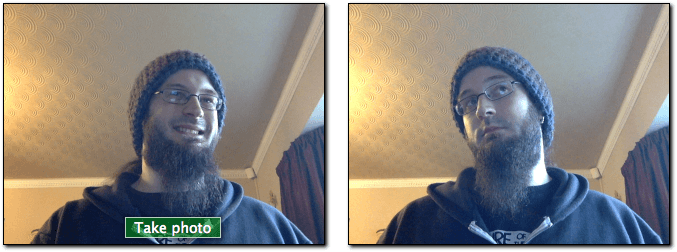 getUserMedia-basierte Bildaufnahme-App — links haben wir einen Videostream von einer Webcam und einen Fotoaufnahme-Button, rechts das Standbild-Ergebnis der Fotoaufnahme