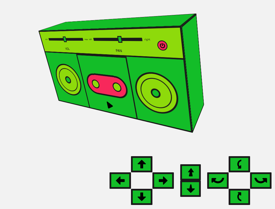 Eine einfache Benutzeroberfläche mit einer gedrehten Boombox und Steuerungen, um sie nach links und rechts sowie hinein und hinaus zu bewegen und zu drehen.