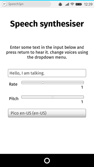 UI einer App namens Speak Easy Synthesis. Sie verfügt über ein Eingabefeld zum Eingeben von zu synthetisierendem Text, Schieberegler zur Änderung der Geschwindigkeit und Tonhöhe der Sprache sowie ein Dropdown-Menü zur Auswahl verschiedener Stimmen.