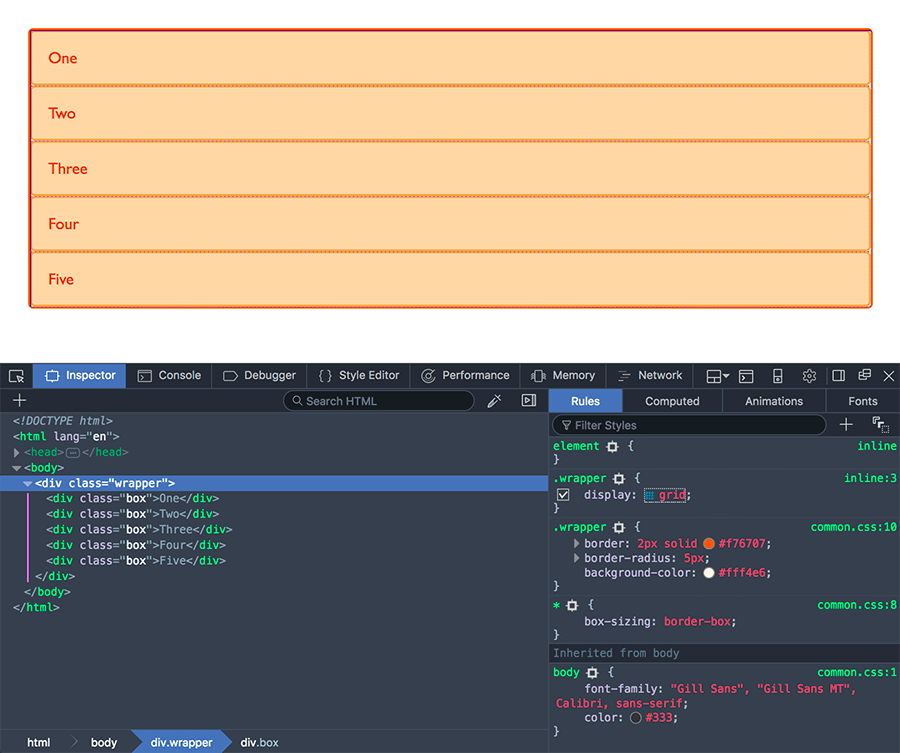 Verwenden des Grid-Hervorhebers in Firefox DevTools zum Ansehen eines Grids