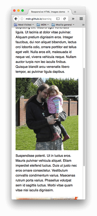 Unsere Beispielseite, wie sie auf einem schmalen Bildschirm mit dem Bild-Element verwendet wird, um das erste Bild in ein Hochformat-Nahaufnahme des Details zu wechseln, was es auf einem schmalen Bildschirm viel nützlicher macht.