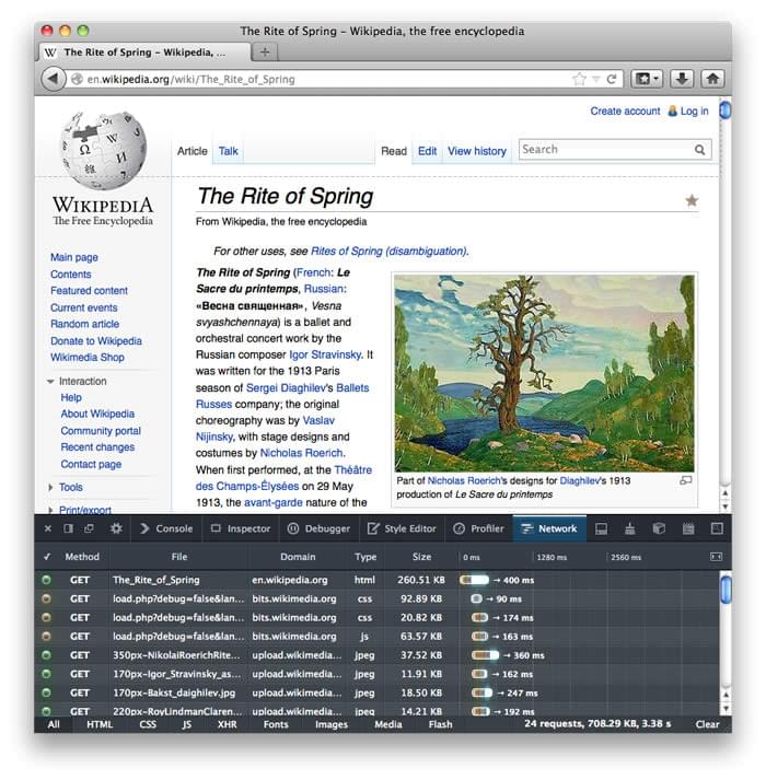 Der Firefox-Netzwerkmonitor zeigt Get-Anfragen, mehrere Dateien und unterschiedliche Ladezeiten für jede Ressource in einem Diagramm an.