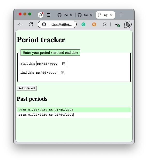 Webseite mit hellgrünem Hintergrund, großem Header, einem Formular mit Legende, zwei Datumsauswahlfeldern und einem Button. Unten zeigt es gefälschte Daten für zwei Menstruationszyklen und eine Überschrift.