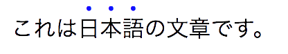 Emphasis (shown in blue for clarity) applied above a fragment of Japanese text Emphasis marks appear over each emphasized character in horizontal Japanese text.
