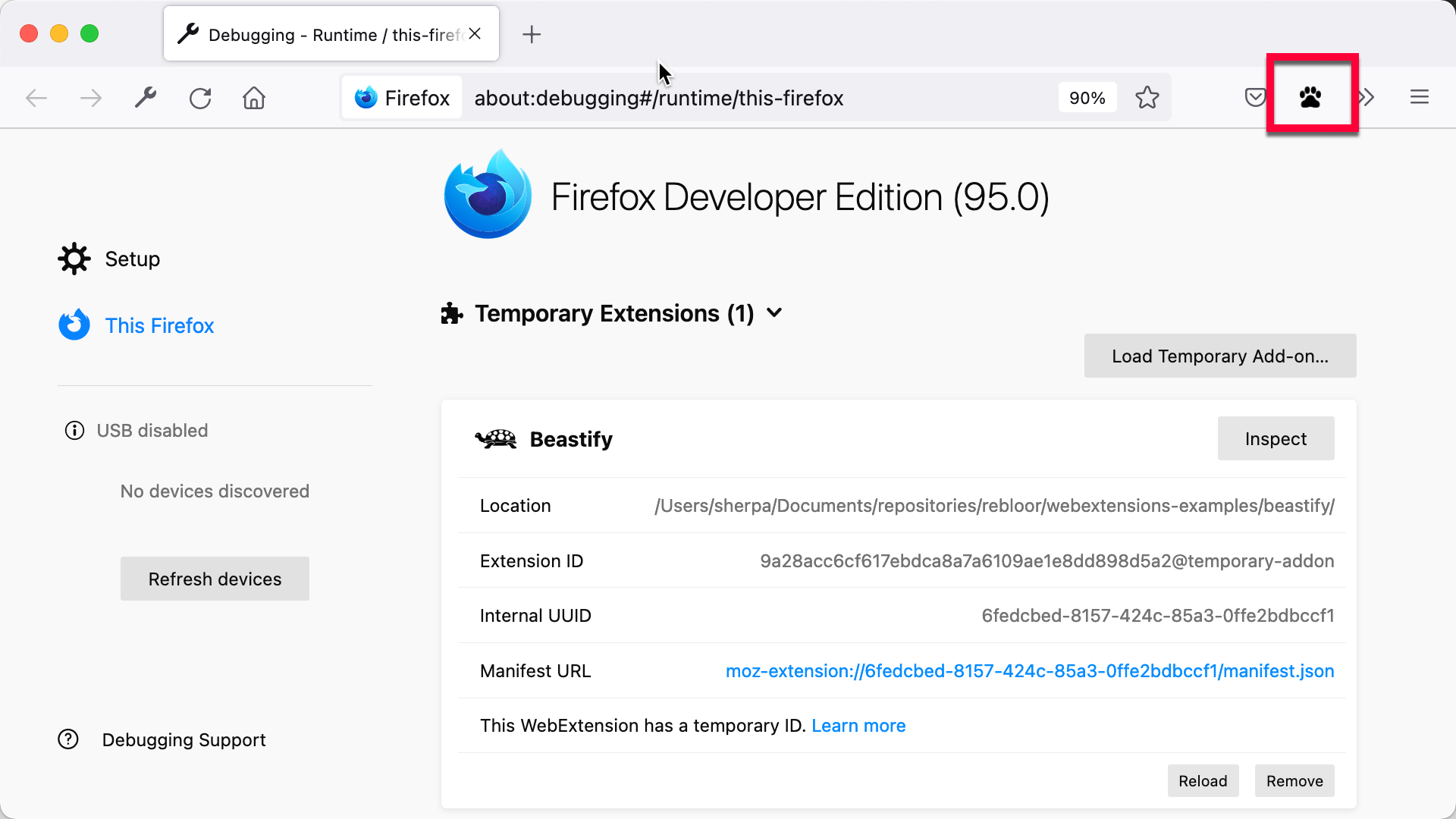 El ícono en la barra de herramientas en Firefox