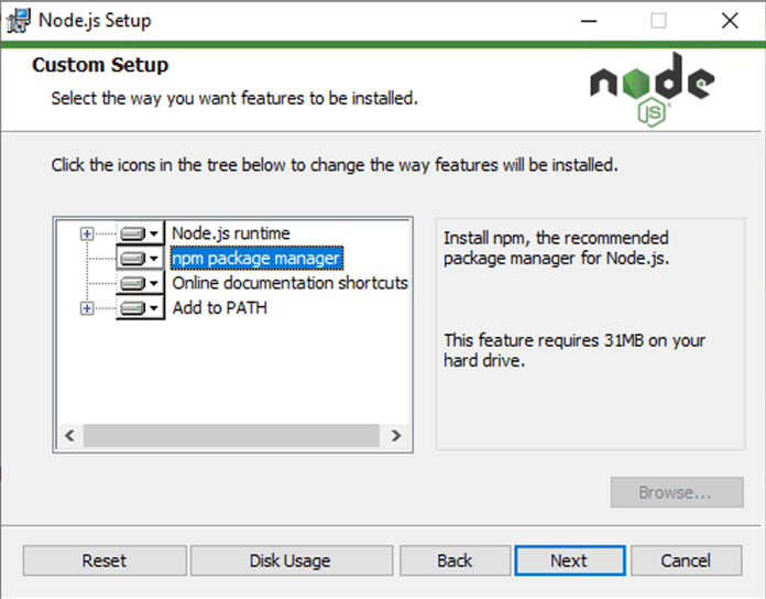 l'installateur Node.js sur Windows, montrant l'option pour inclure npm