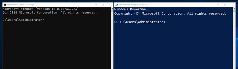 Une fenêtre d'invite de commande Windows classique et une fenêtre Windows PowerShell