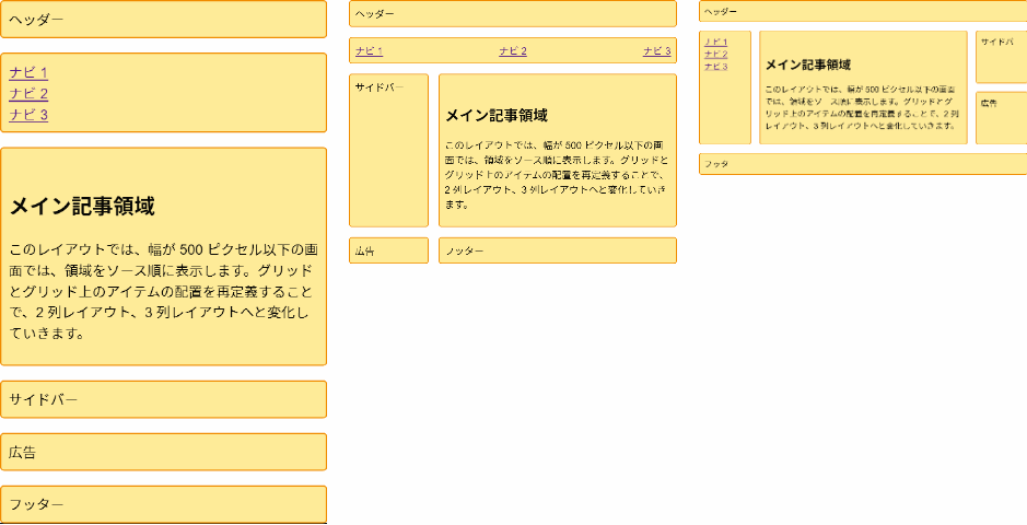 2 つのブレークポイントでグリッドを再定義して作成した 3 つの異なるレイアウト。