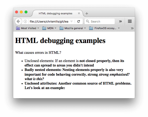 A simple HTML document with a title of HTML debugging examples, and some information about common HTML errors, such as unclosed elements, badly nested elements, and unclosed attributes.