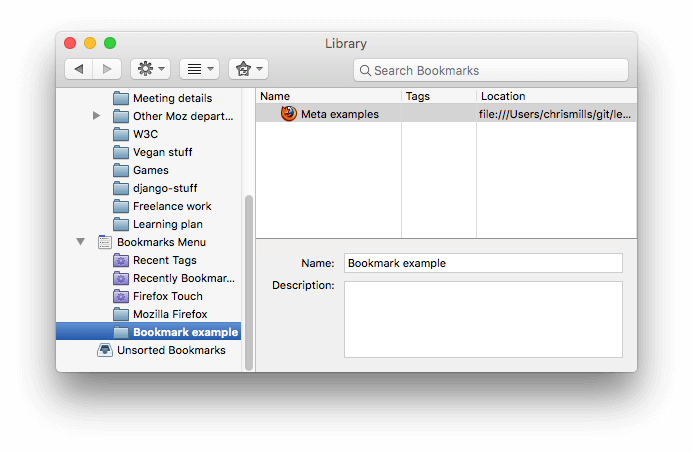 Firefox 的书签面板,显示了一个书签的例子,旁边显示了一个 favicon。