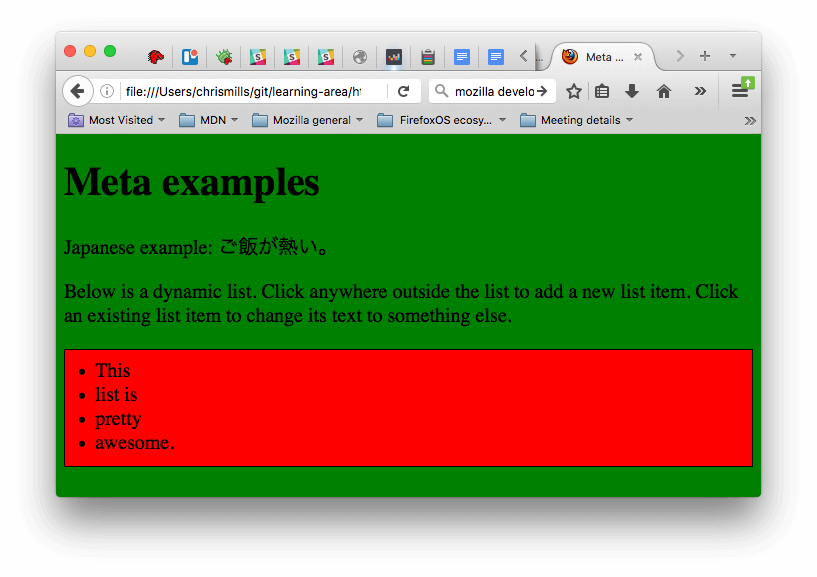 示例显示了一个应用了 CSS 和 JavaScript 的页面。CSS 使页面变成了绿色,而 JavaScript 则为页面添加了一个动态列表。