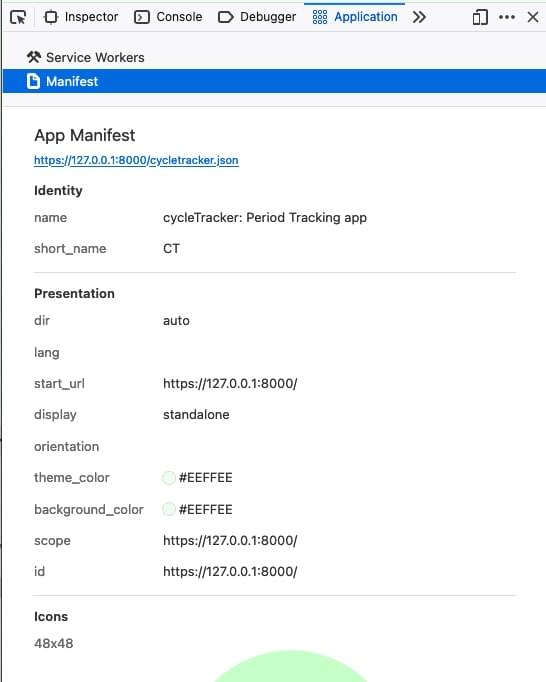 Firefox 开发者工具中的 Manifest 面板,显示未包含的 dir、scope 和 id 成员的值,以及没有关联值的 lang 和 orientation 成员。