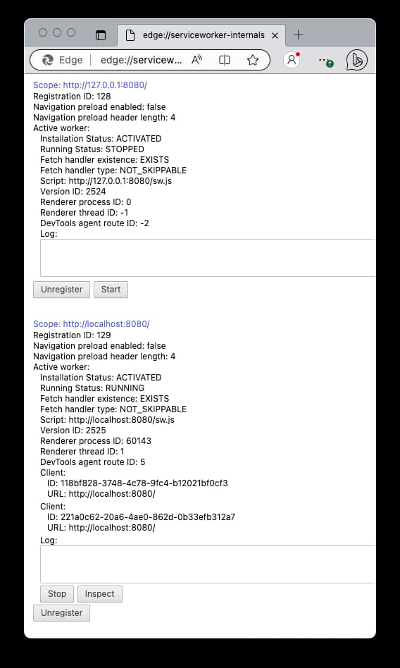 localhost:8080 存在两个 service worker,它们能在列表中被注销