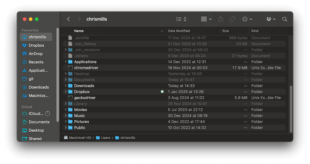 macOS Finder 應用程式,顯示一個典型家目錄的內容